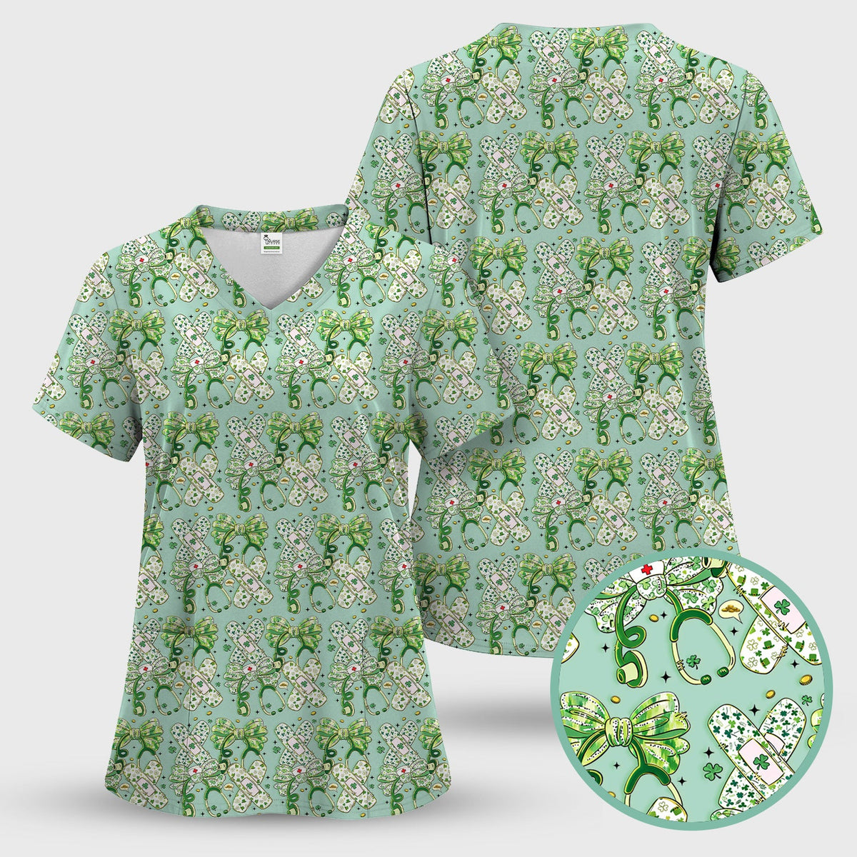 St Patrick Shamrock Stethoscope Nurse Scrub Top