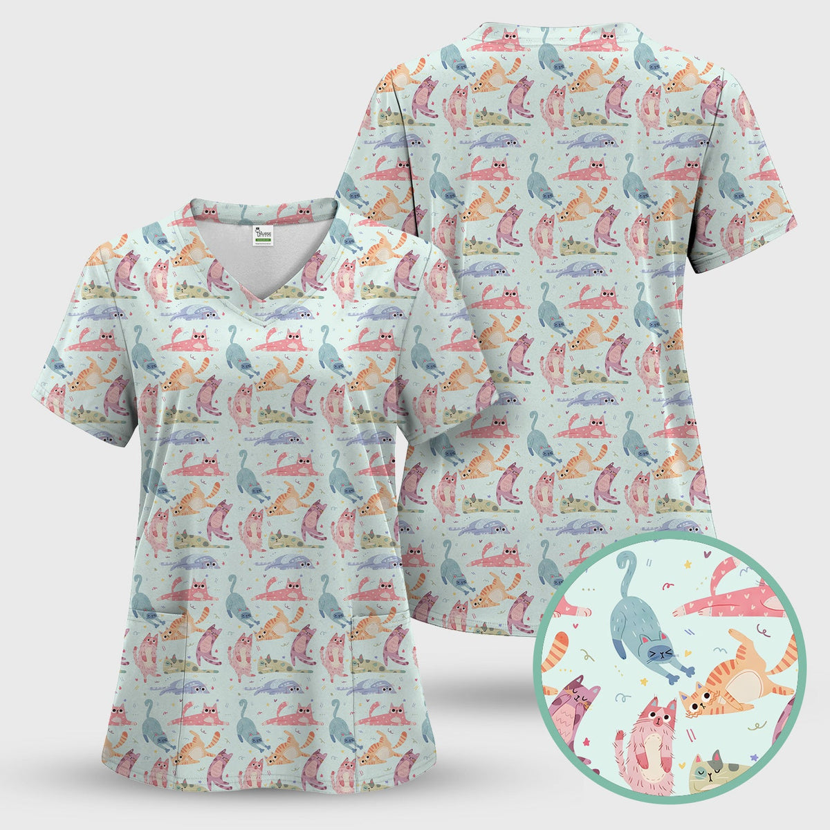 Funny Pastel Cat Pattern Medical Scrub Set, Breathable Fabrics Nursing Uniform