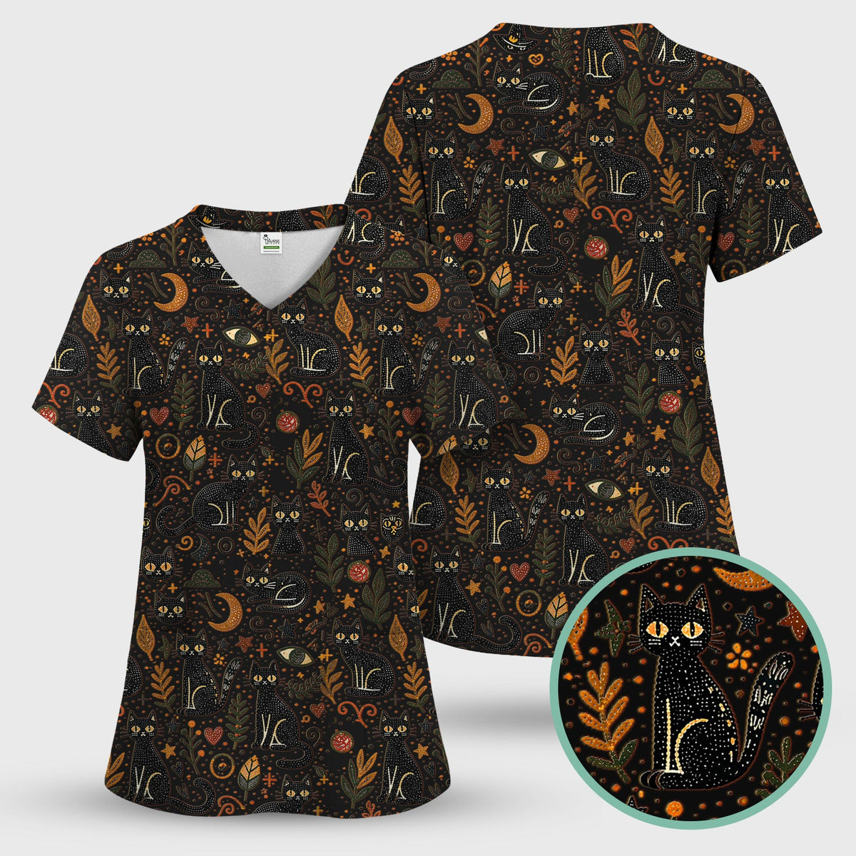 Mystic Black Cat Celestial Doodle Pattern Scrub Top, Comfortable Scrubs for Nurses