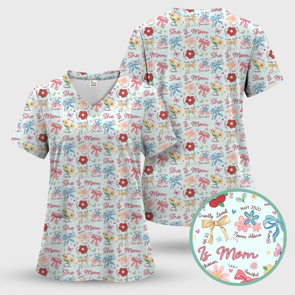 She Is Mom Flower Bow Nurse Scrub Set