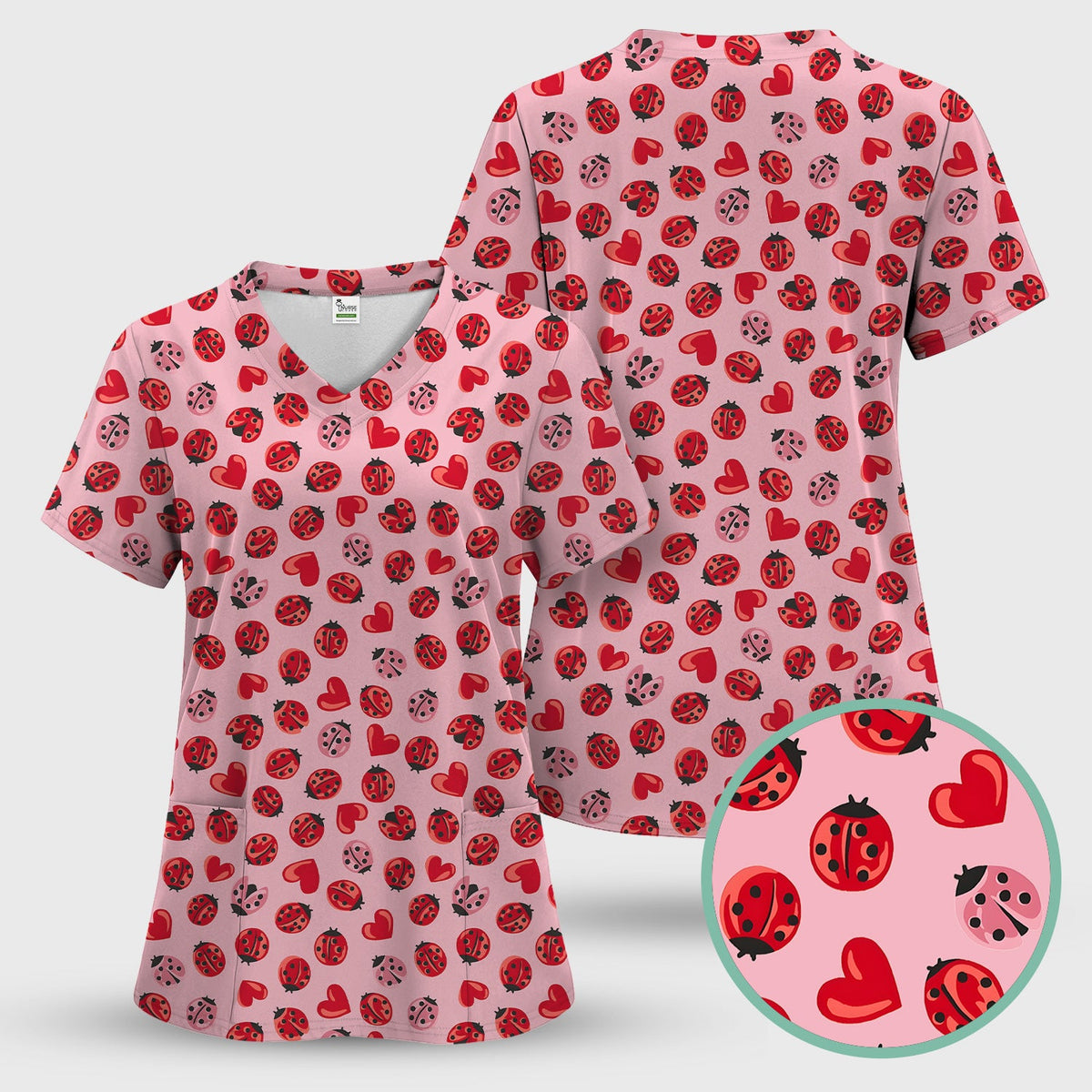 Ladybug Red Heart Nurse Scrub Top