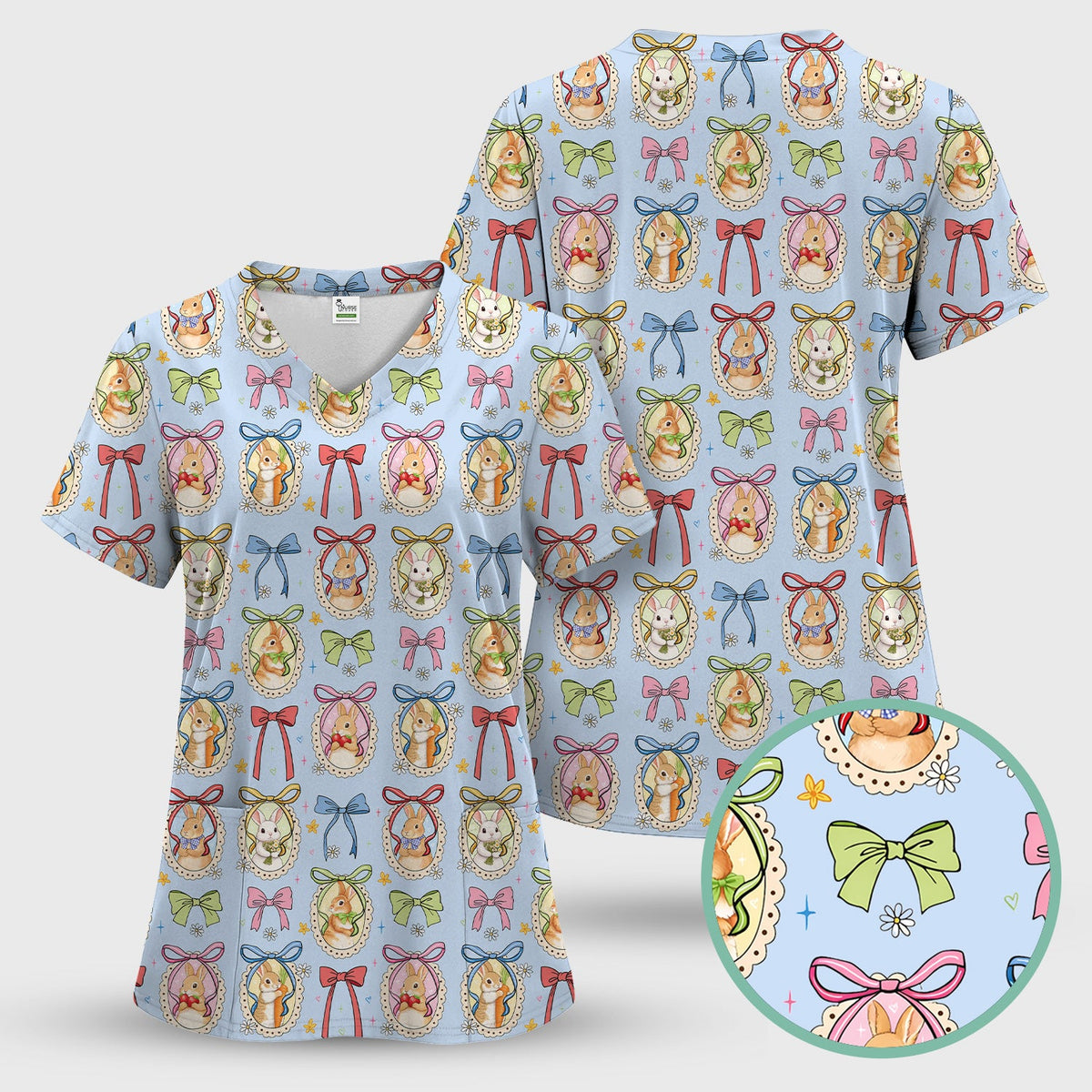 Bunny Cameo Bow Nurse Scrub Set - Easter Gift