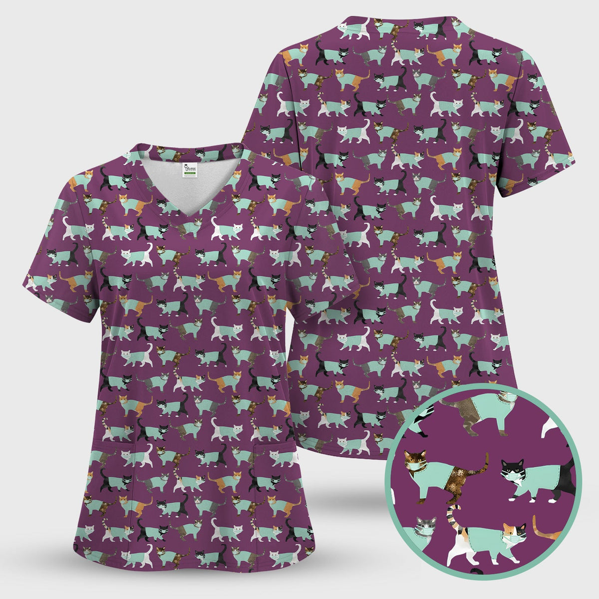Playful Cat Nurse All Over Print Scrub Top, Comfortable Scrubs for Nurses