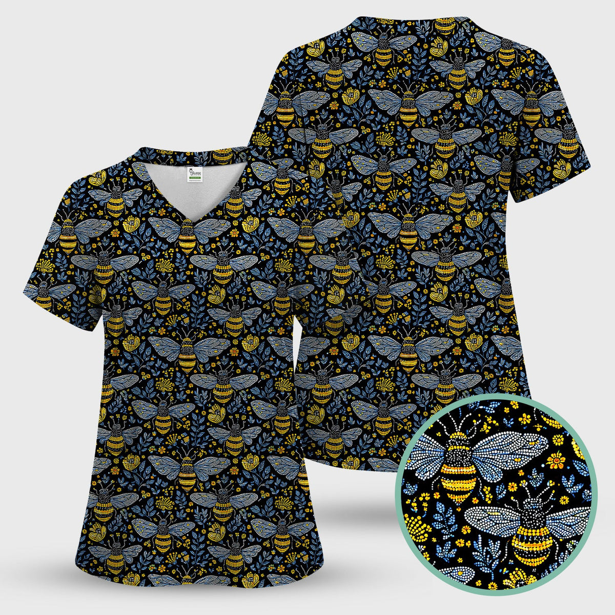 Honey Bee And Wildflower Garden Pattern Scrub Top, Comfortable Scrubs for Nurses