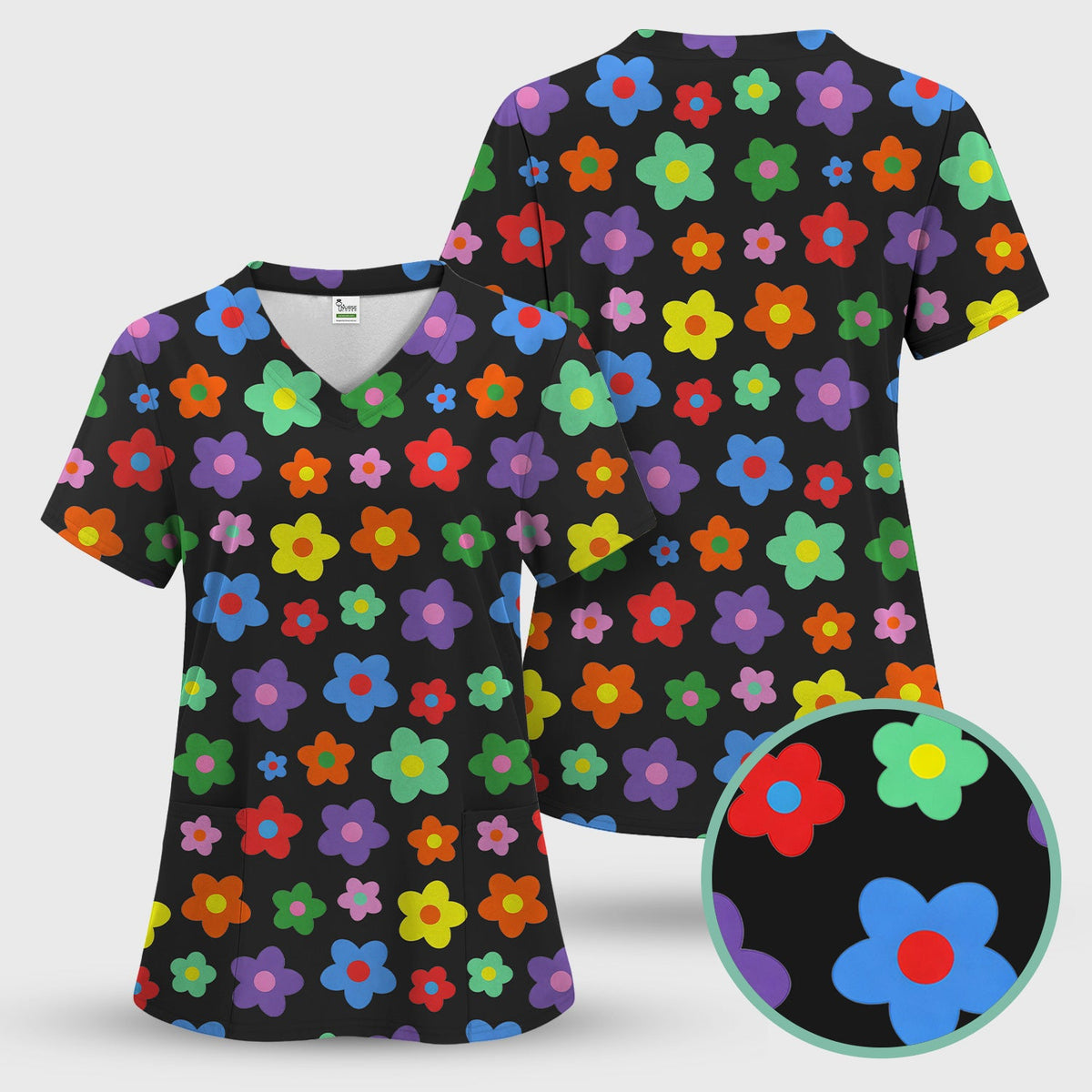 Colorful Retro Flower Nurse Scrub Top