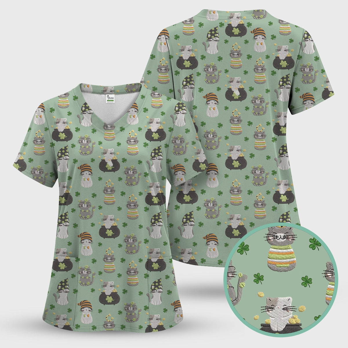 St Patrick Lucky Cat Shamrock Nurse Scrub Set