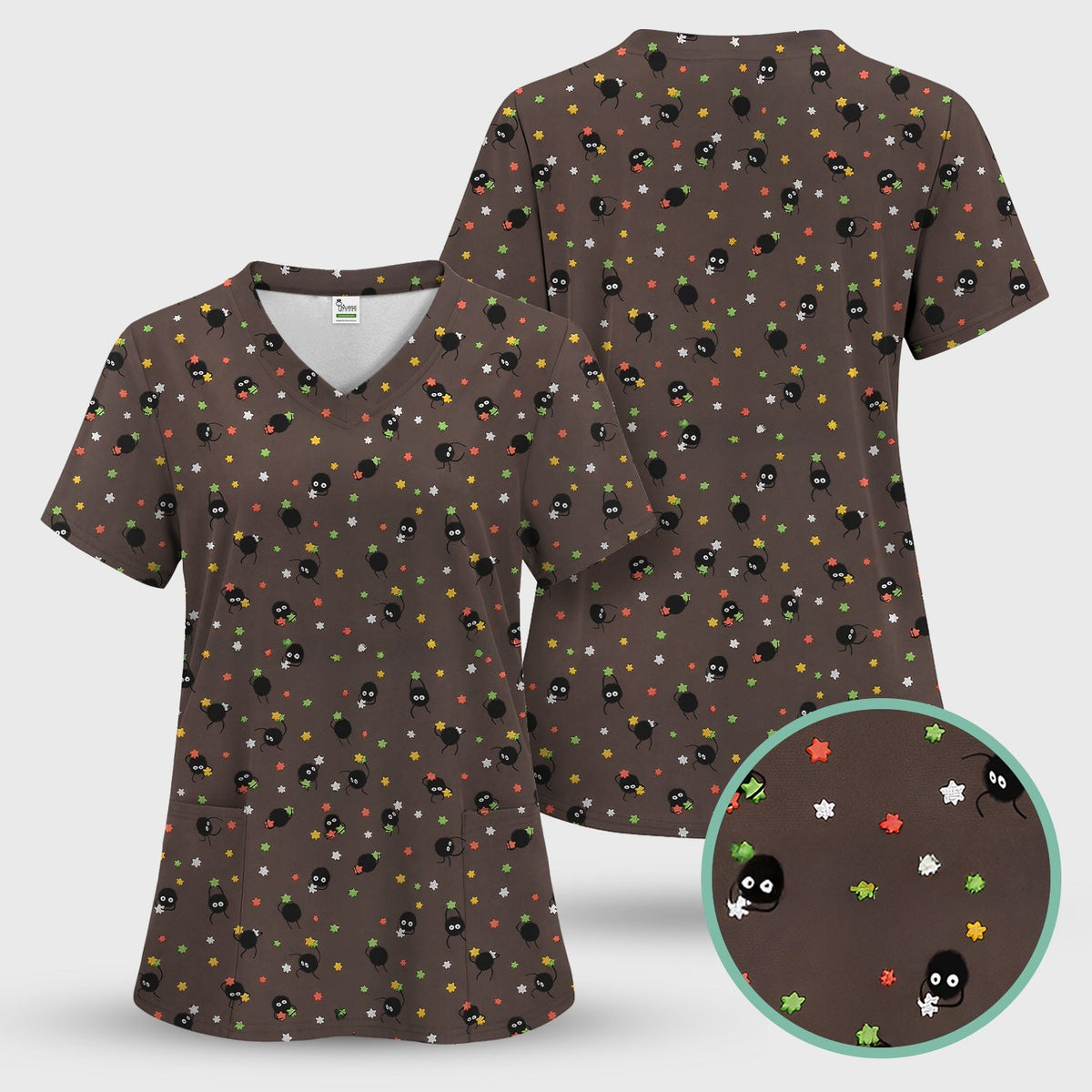 Funny Spider Pattern  Scrub Top, Cartoon Spider Pattern Nursing Uniform For Women