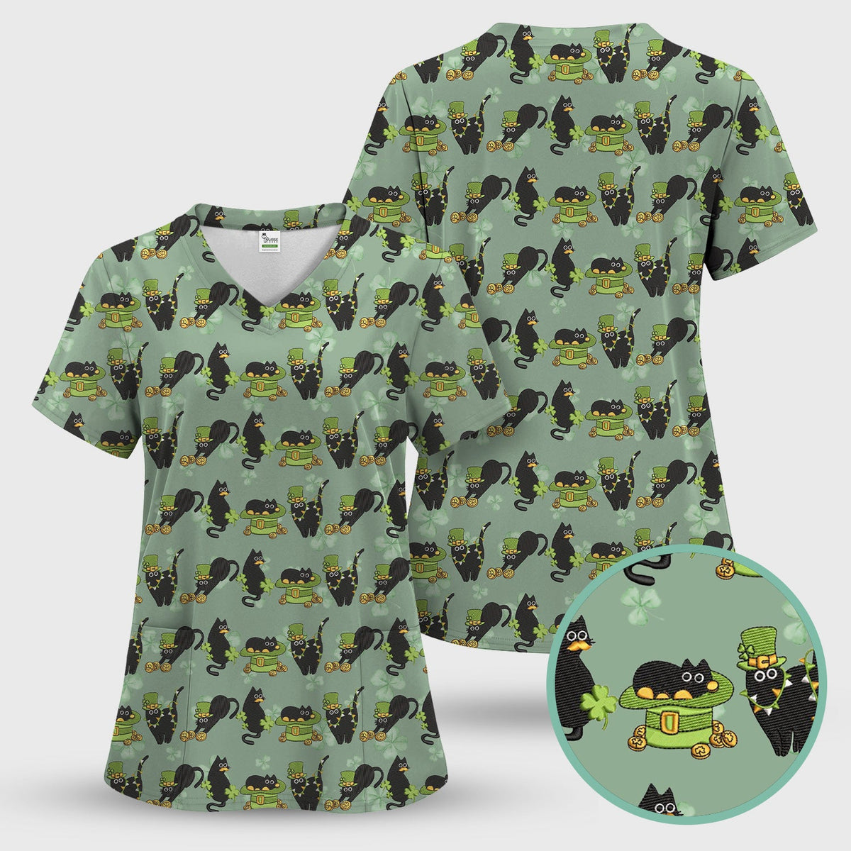St Patrick Black Cat Clover Nurse Scrub Set