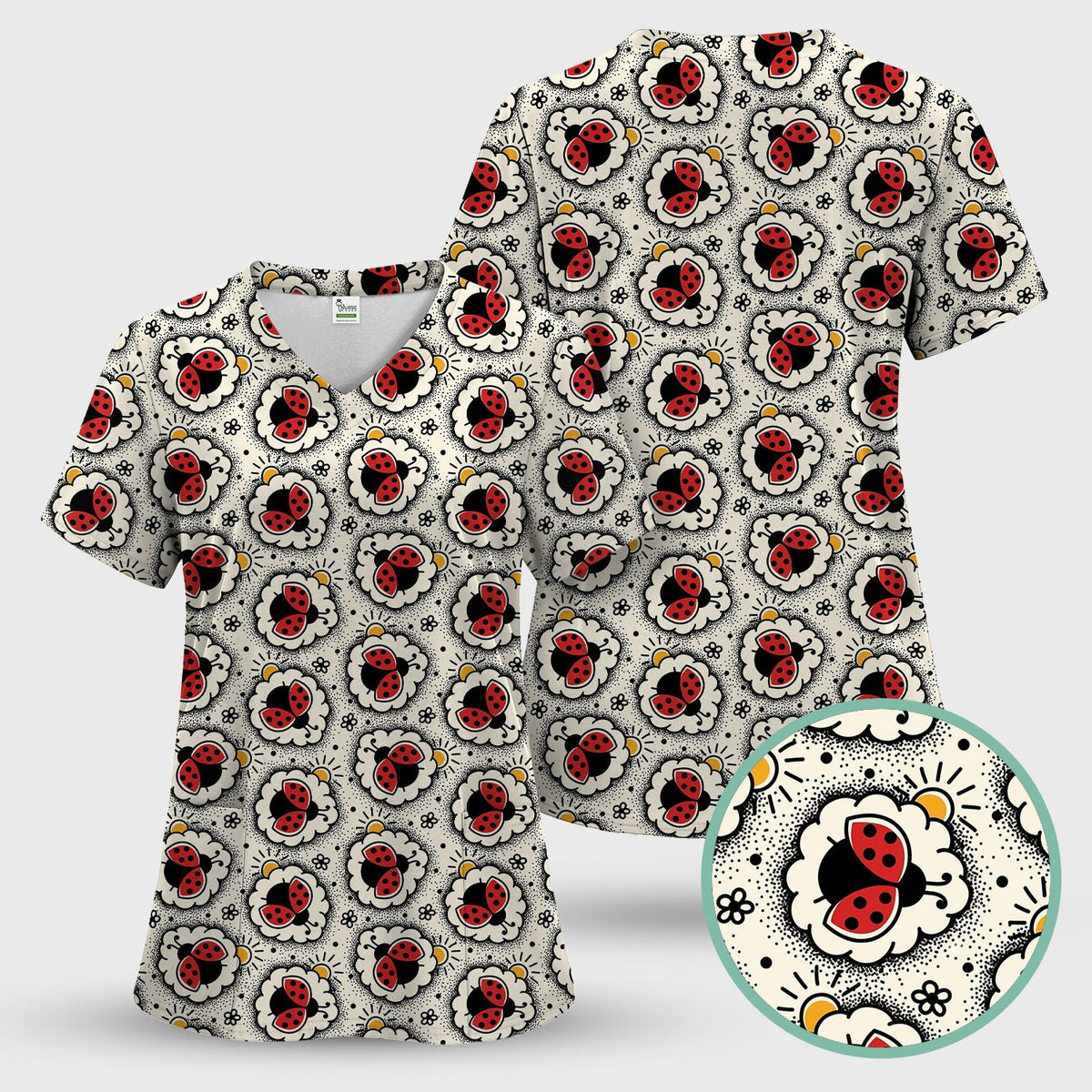 Ladybug Floral Frame Nurse Scrub Set