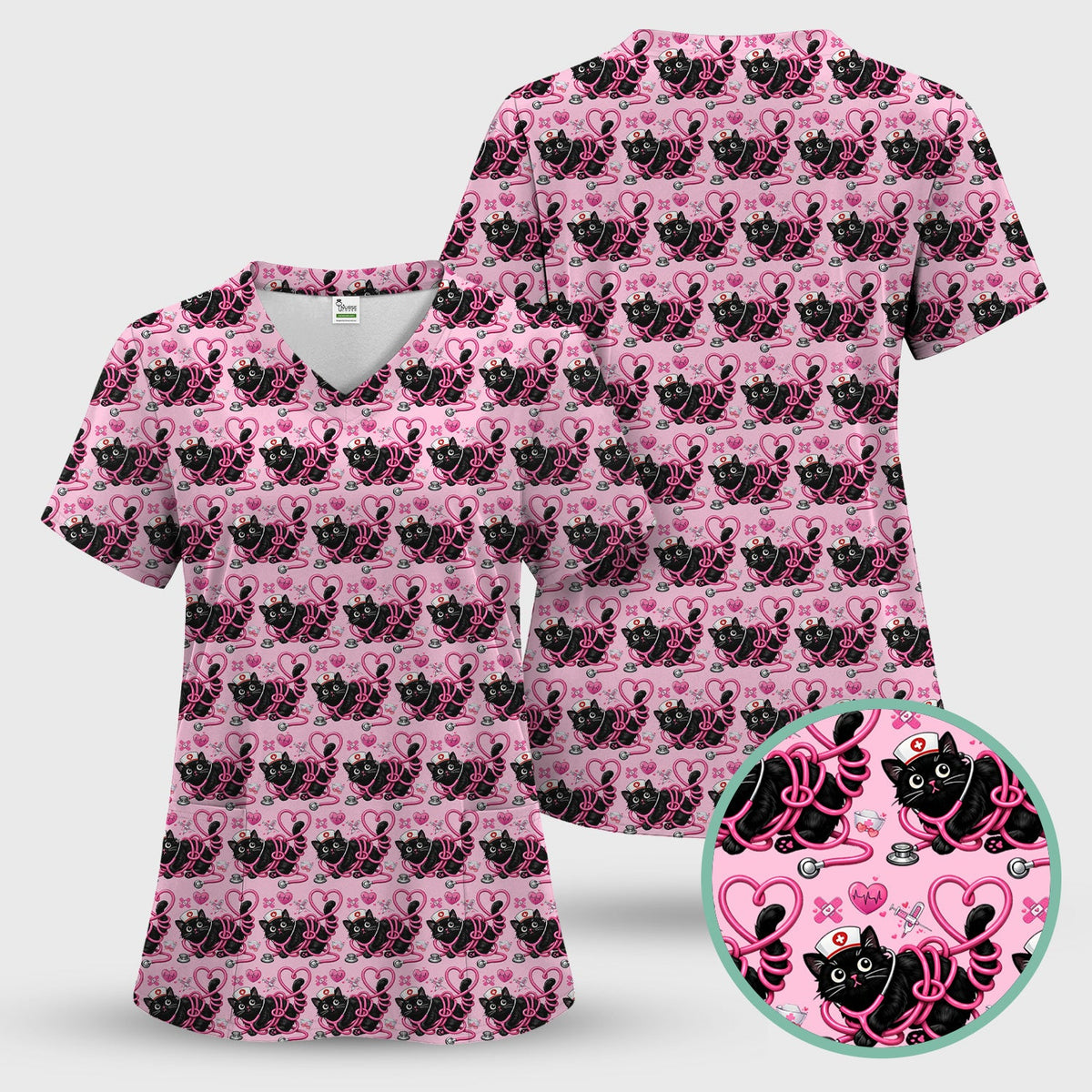 Valentine Cat Nurse Heart Scrub Top