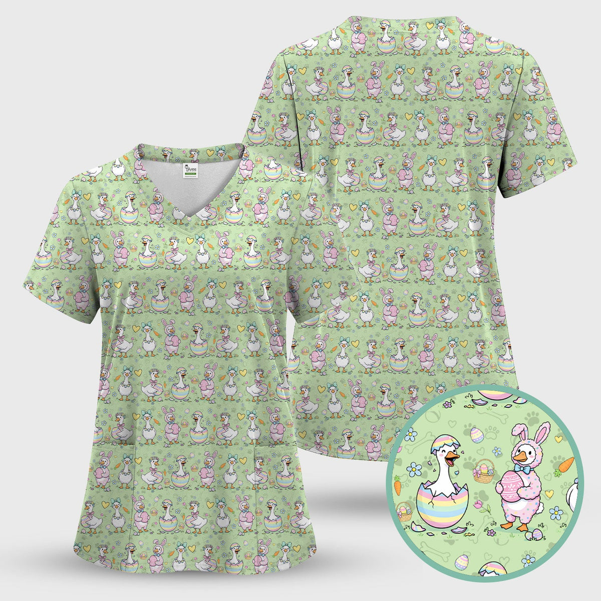 Pastel Easter Goose Bunny Egg Pattern Scrub Top, Comfortable Scrubs for Nurses