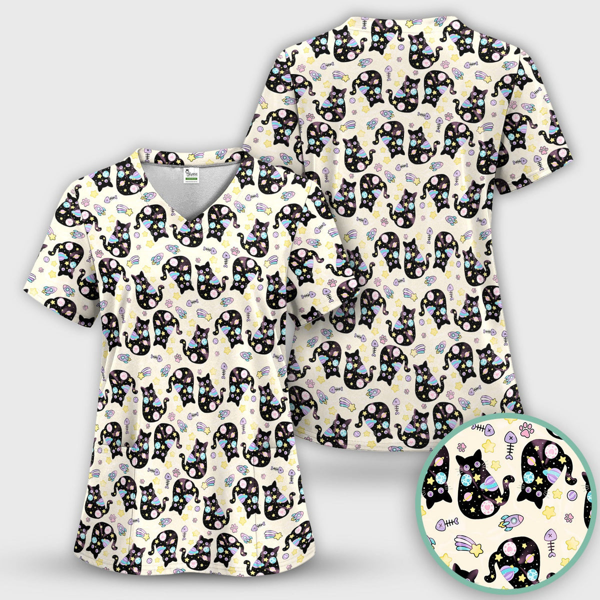 Black Cat Galaxy Space Nurse Scrub Top