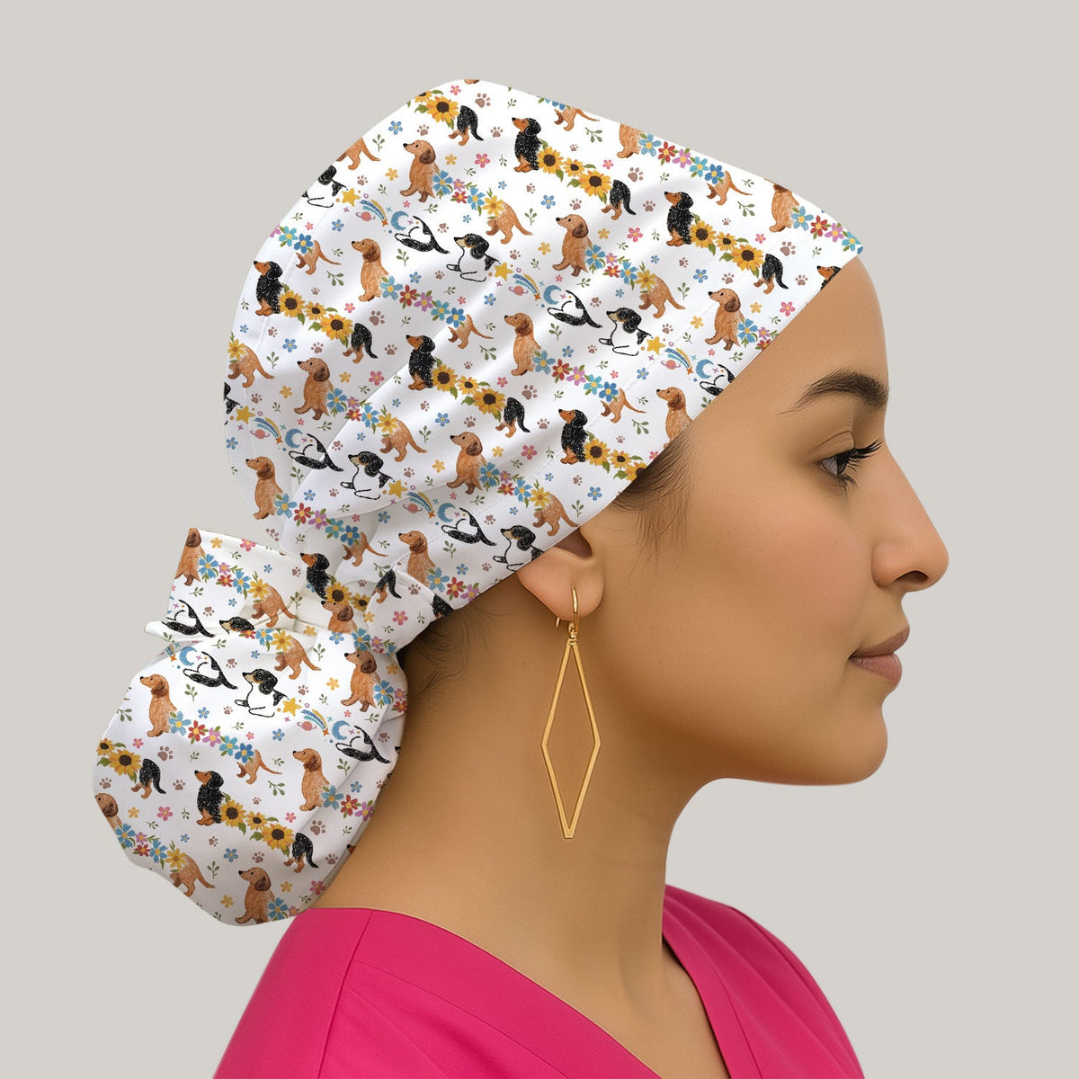 Floral Wiener Dog Scrub Cap
