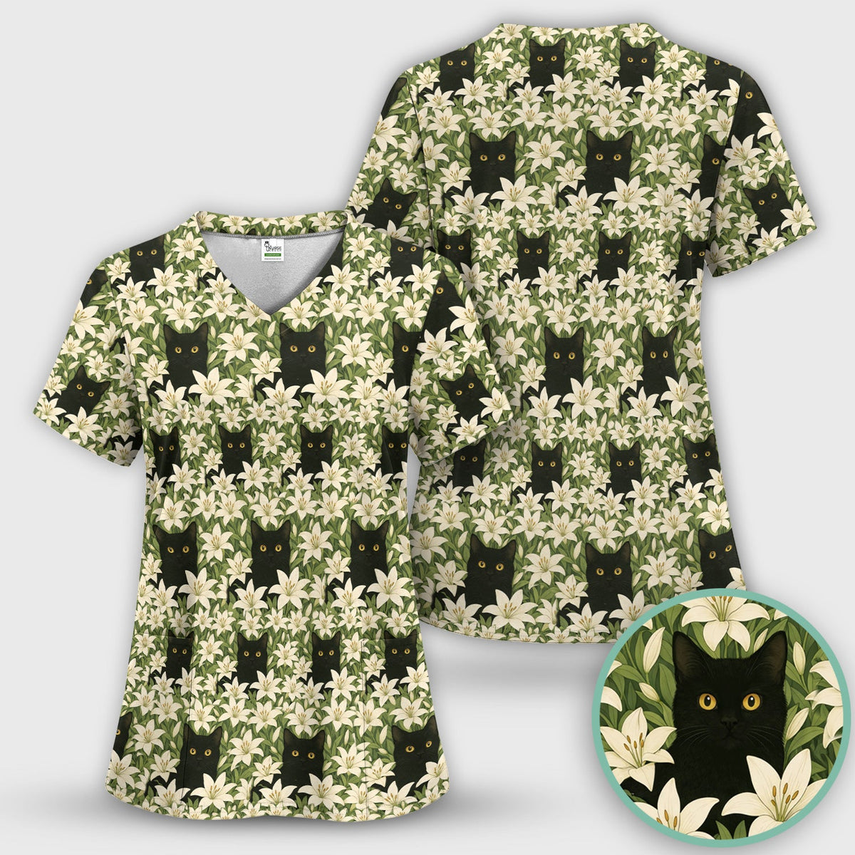 Black Cat Hidden In Lily Garden Nurse Scrub Set