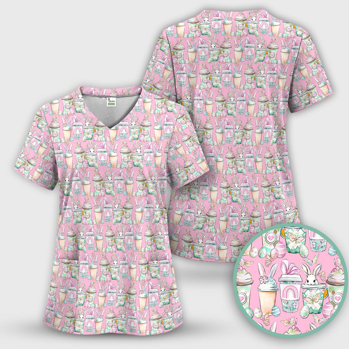 Bunny Coffee Cup Nurse Scrub Set - Easter Gift