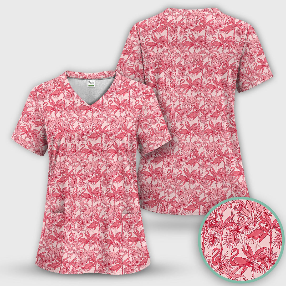 Tropical Flamingo Palm Leaves Nurse Scrub Top