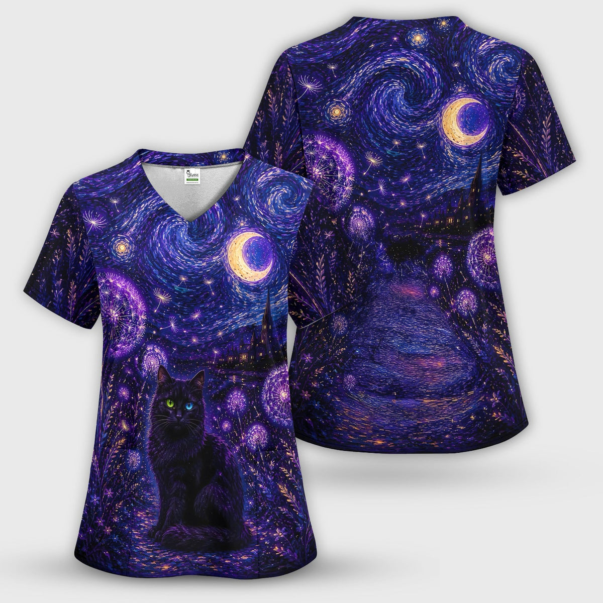 Mystical Black Cat Starry Night Nurse Scrub Top