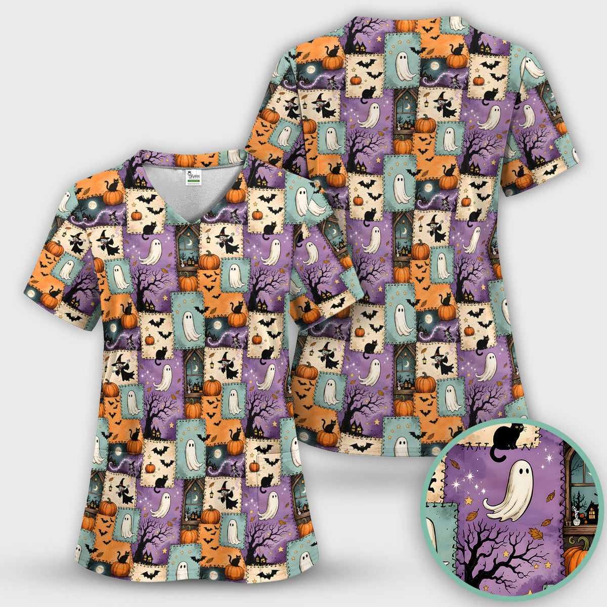 Spooky Ghost Black Cat Patchwork Nurse Scrub Set