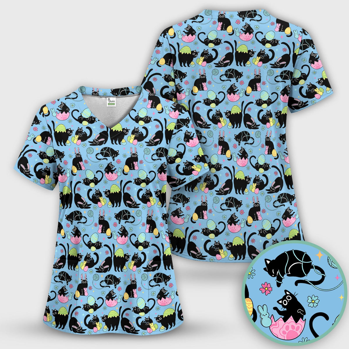 Funny Easter Black Cat Egg Pattern Scrub Set, Scrub Pants and V Neck Top