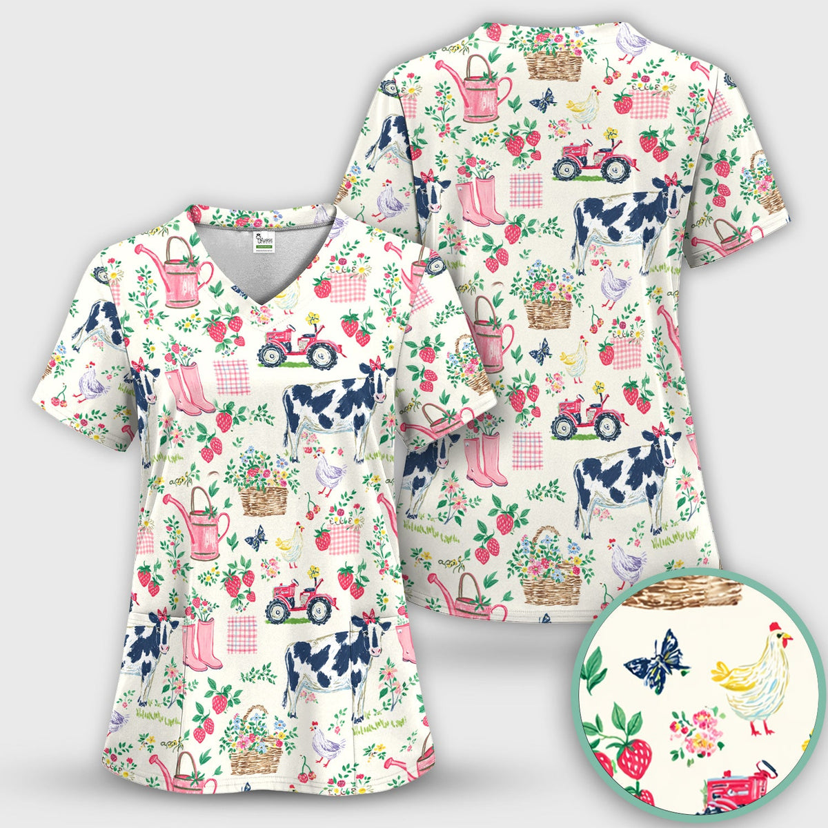 Strawberry Cow Country Style Scrub Top, Comfortable Scrubs for Nurses