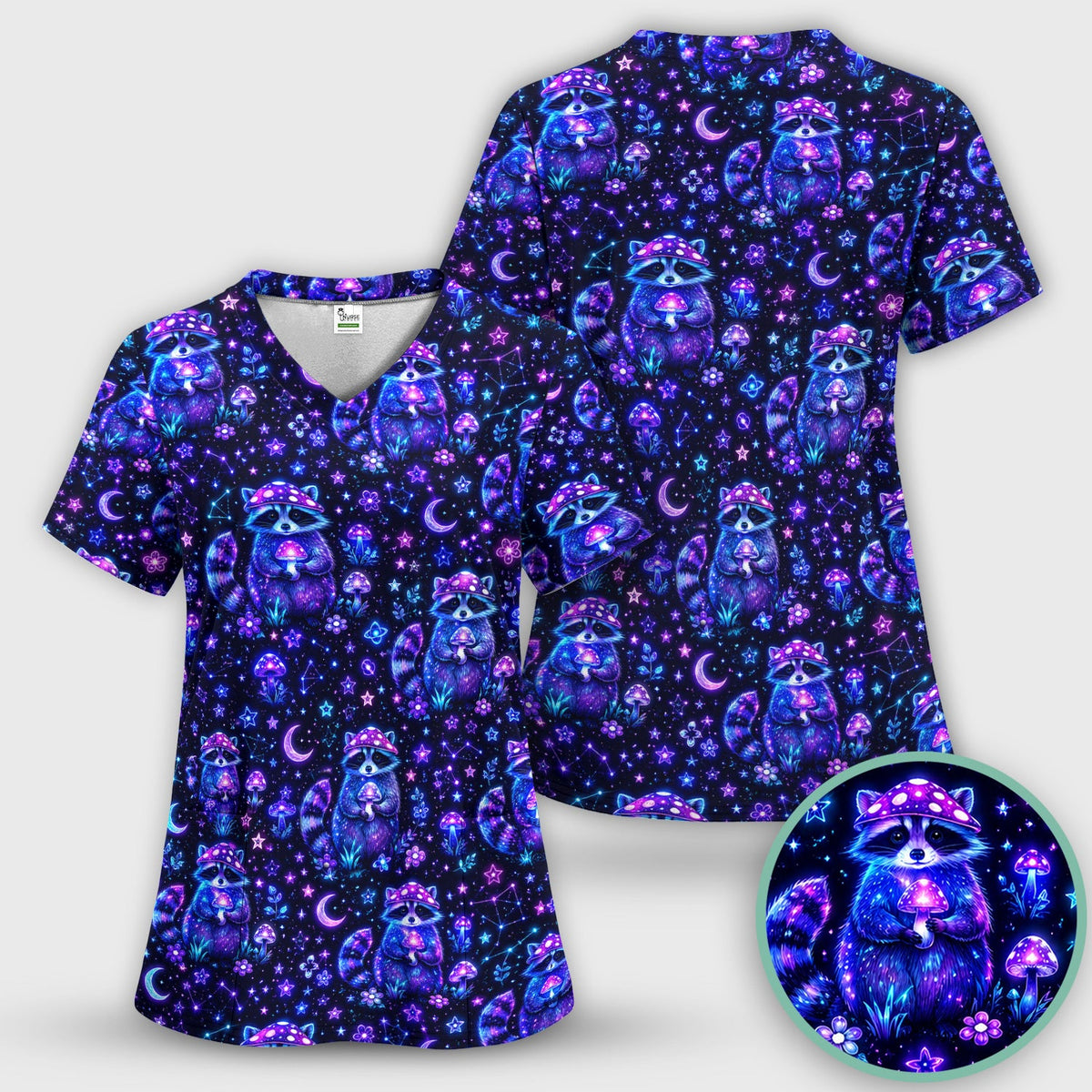Neon Mushroom Raccoon Galaxy Nurse Scrub Top