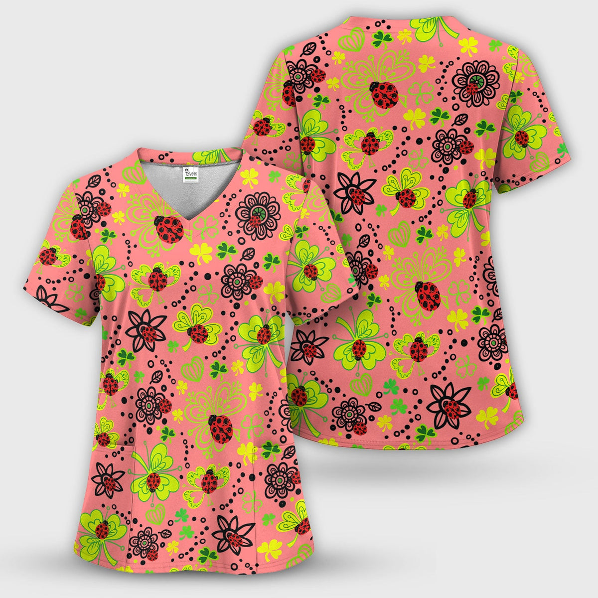 Ladybug Clover Floral Pattern Print Scrub Sets, Scrub Pants and V Neck Top