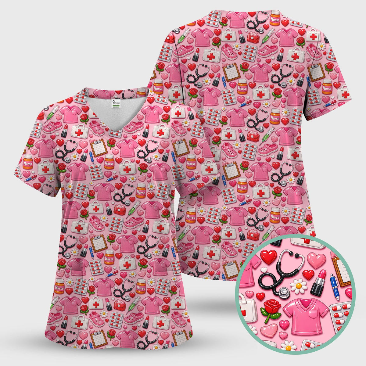Medical Icons Scrub Set, Cute Pattern Nurse Shirt, Breathable Fabrics Nursing Uniform