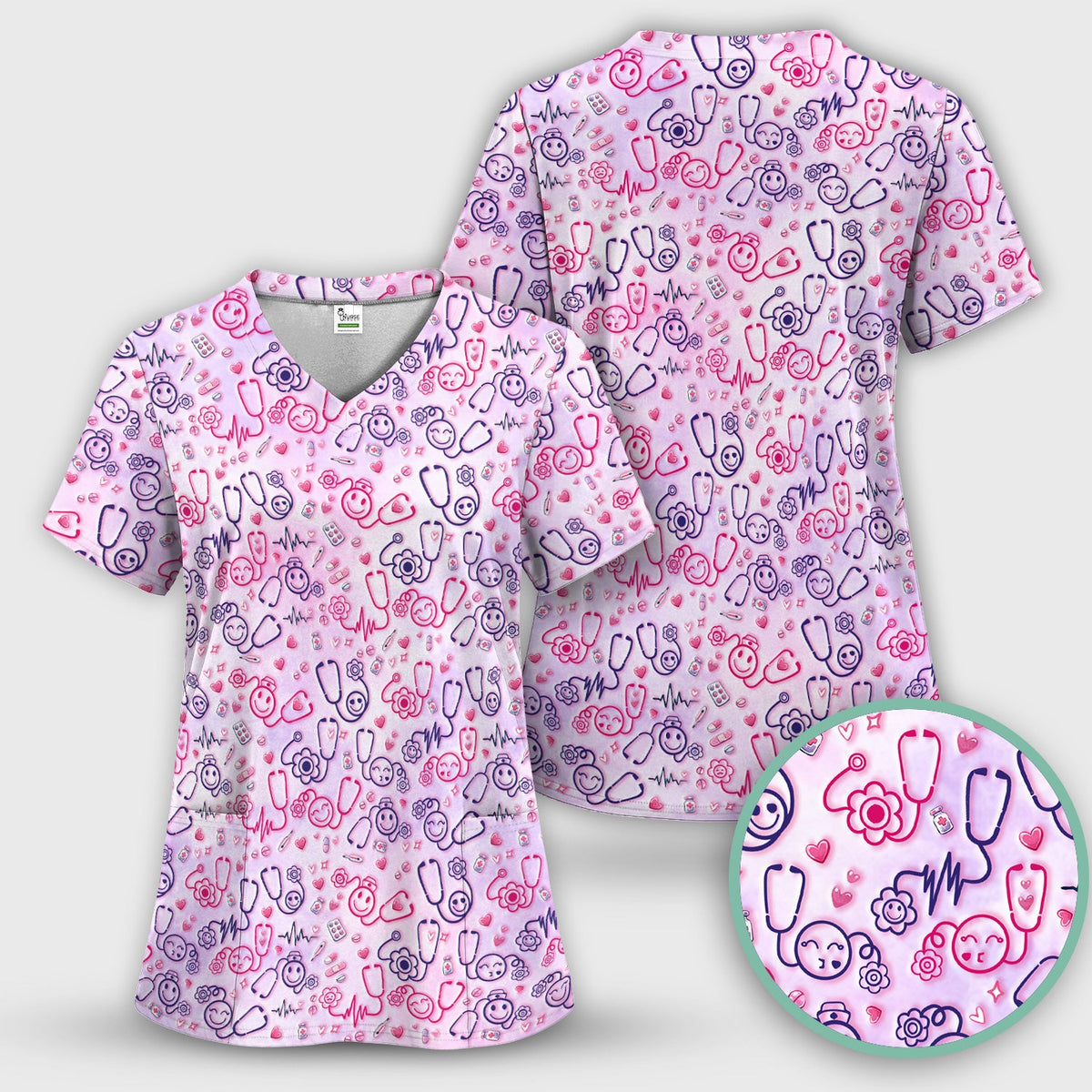 Stethoscope Heart Icon Nurse Scrub Top