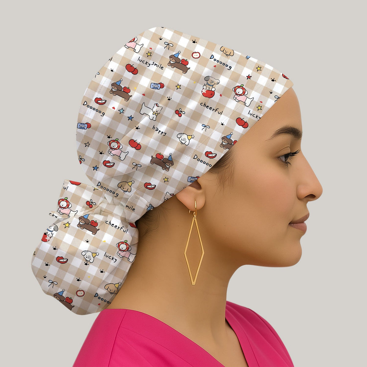 Cartoon Puppy Apple Gingham Scrub Cap