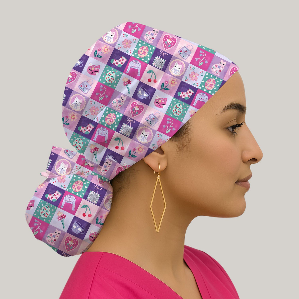 Pastel Cat Patchwork Nurse Scrub Cap