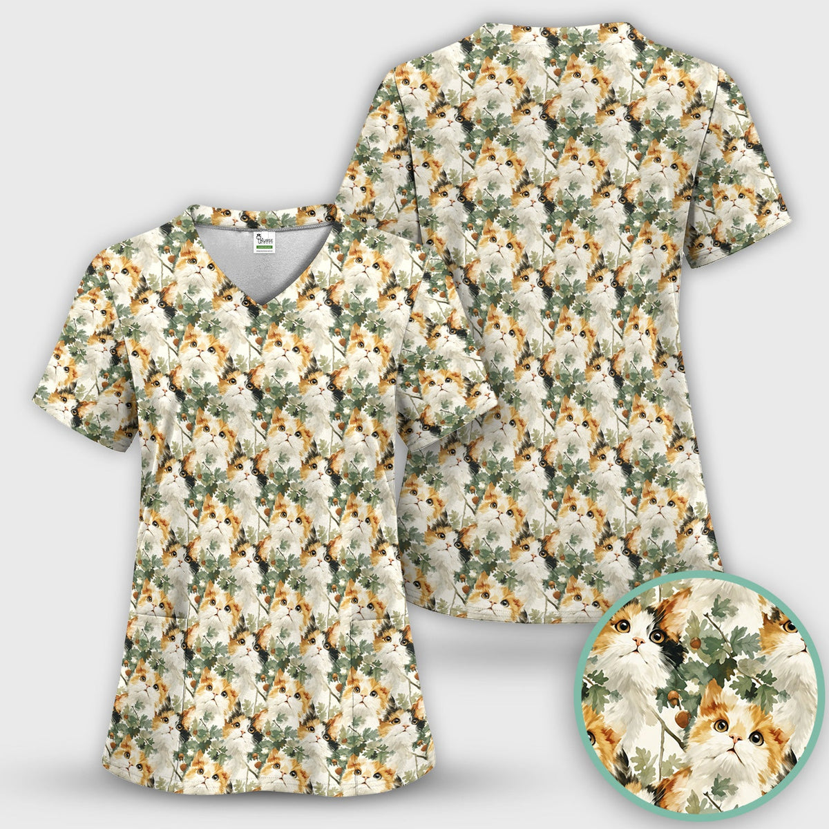 Fluffy Calico Cat Oak Leaves Nurse Scrub Set