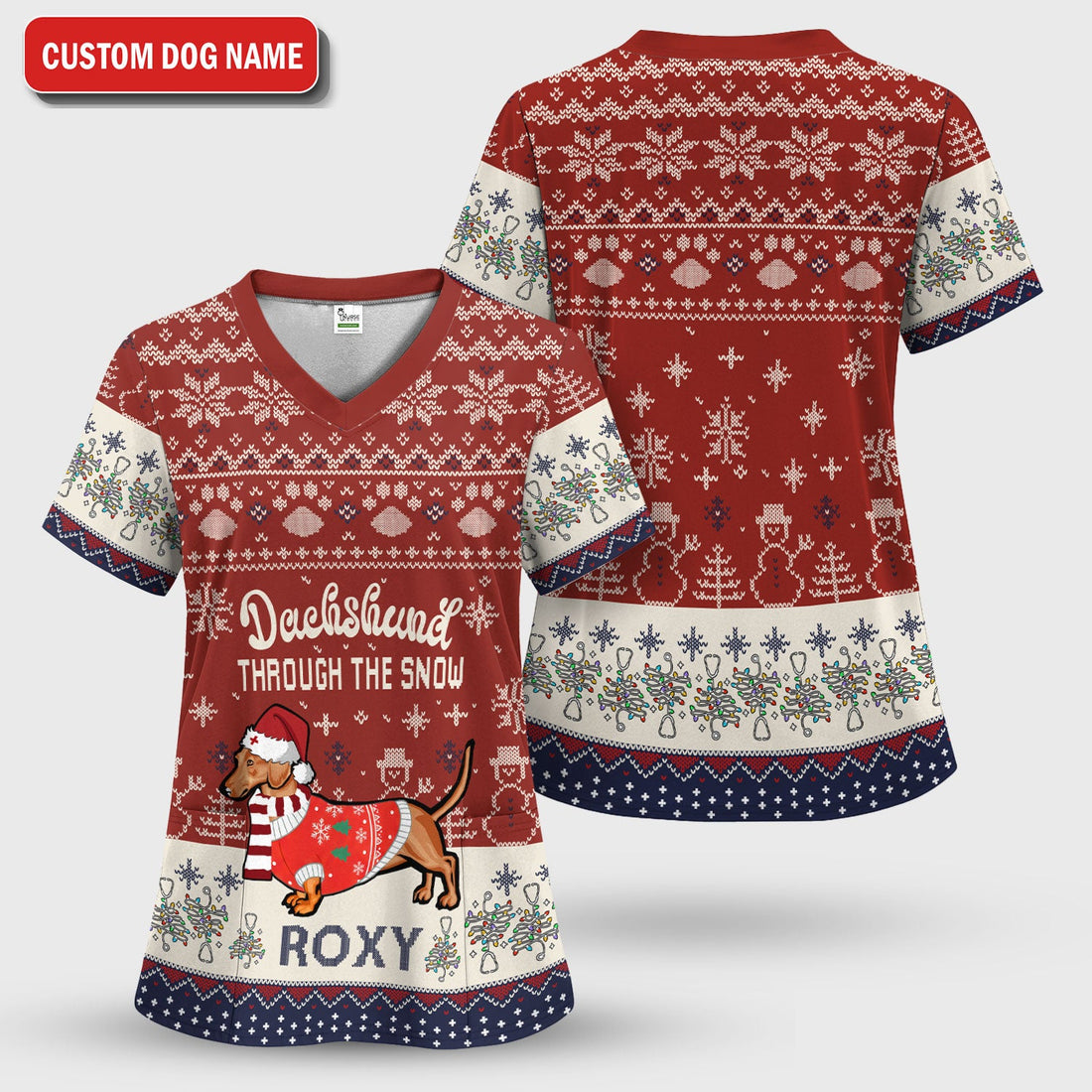 Personalized Christmas Dachshund Snow Nurse Scrub Top
