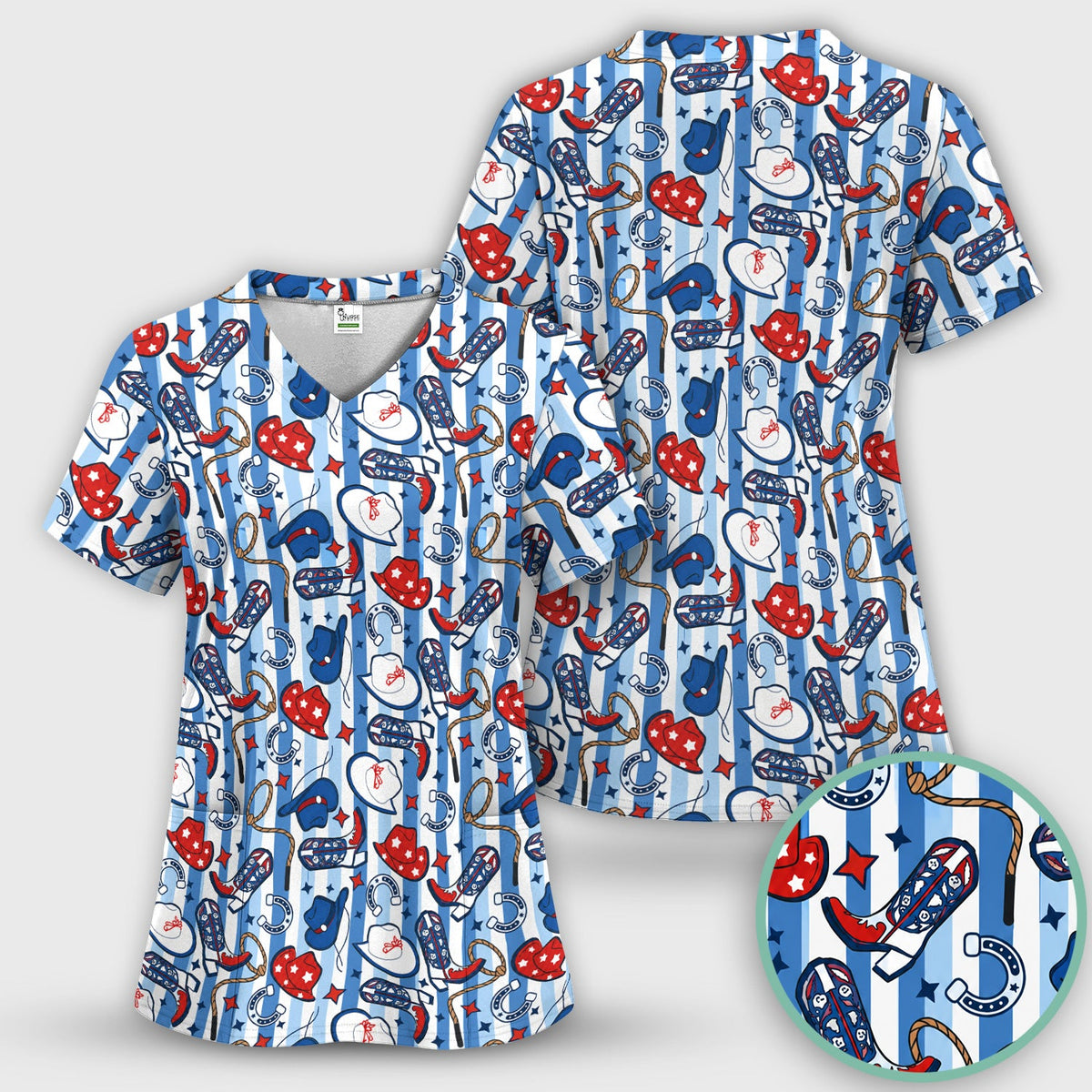 Western Cowboy Boots Hats Nurse Scrub Top