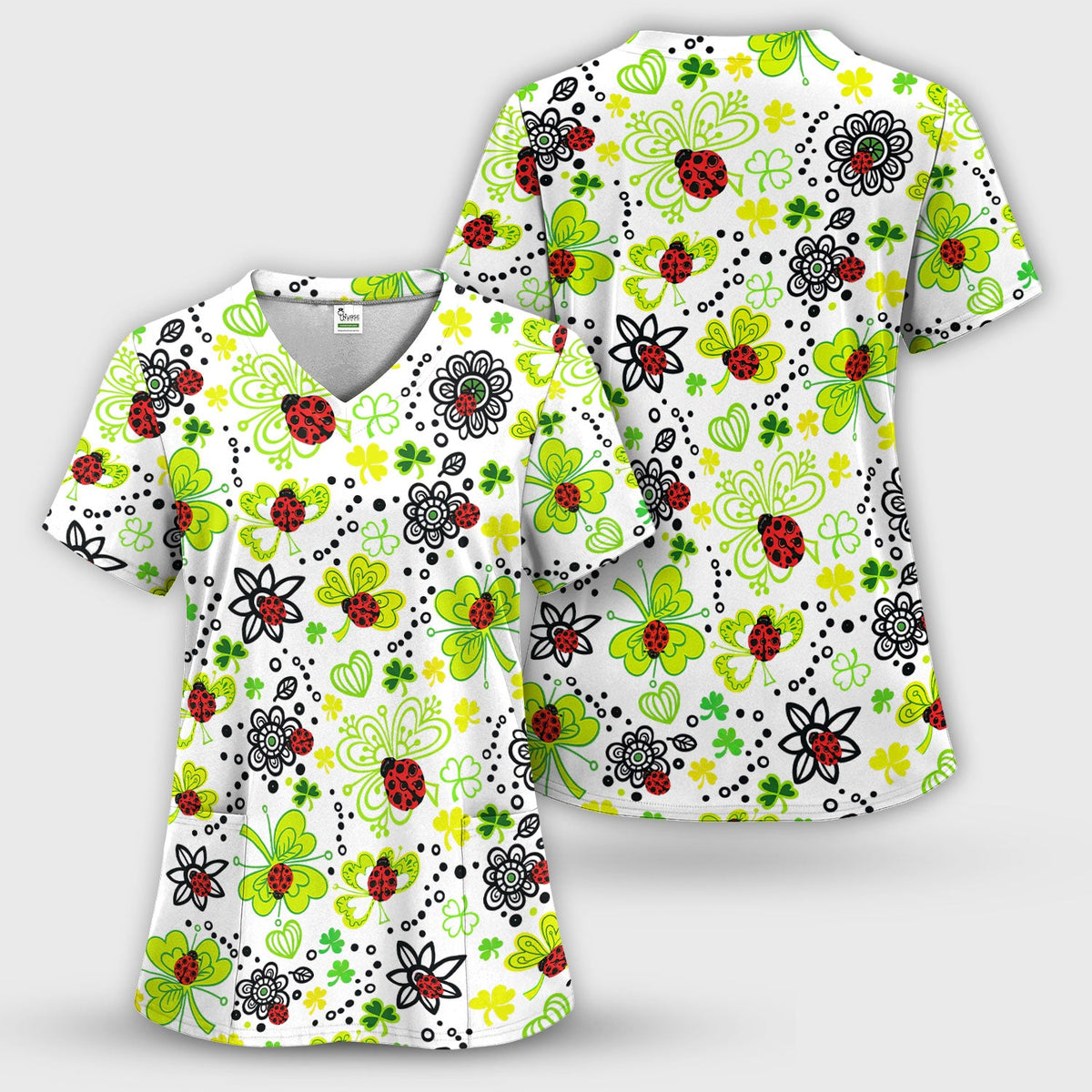 Ladybug Clover Floral Pattern Print Scrub Sets, Scrub Pants and V Neck Top