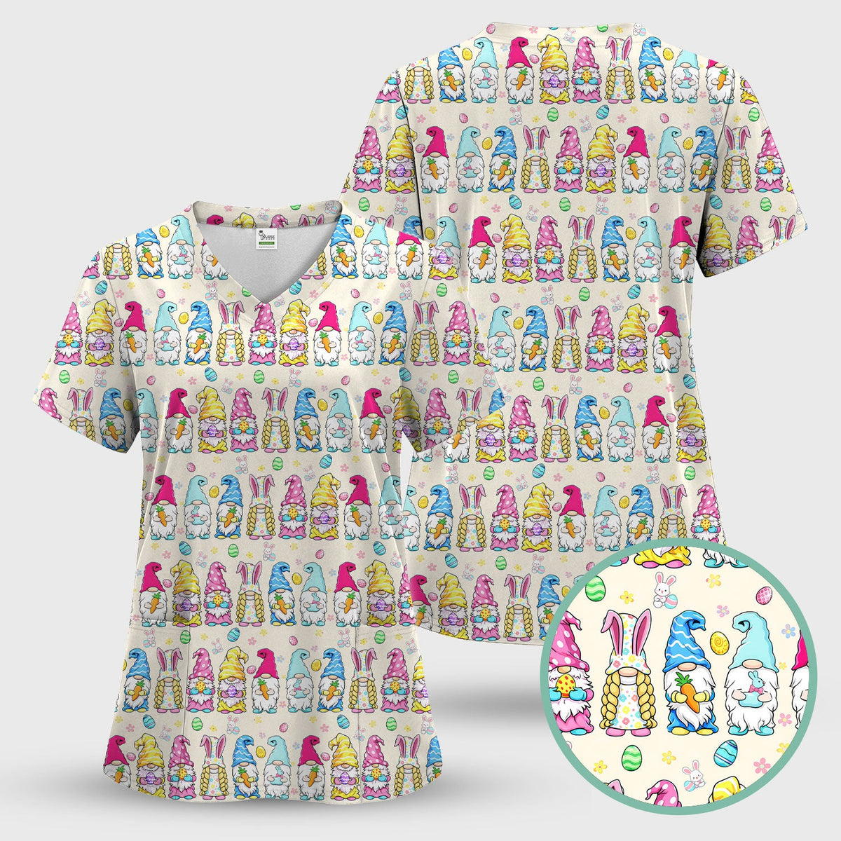 Colorful Easter Gnome Bunny Eggs Nurse Scrub Set