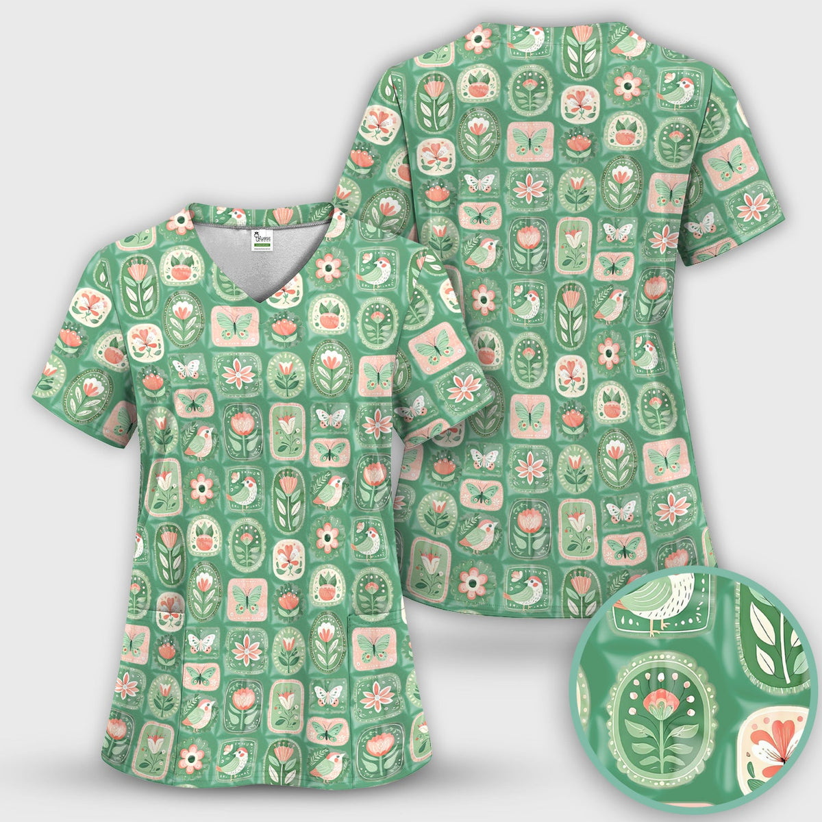 Folk Art Floral Bird Butterfly Garden Nurse Scrub Top