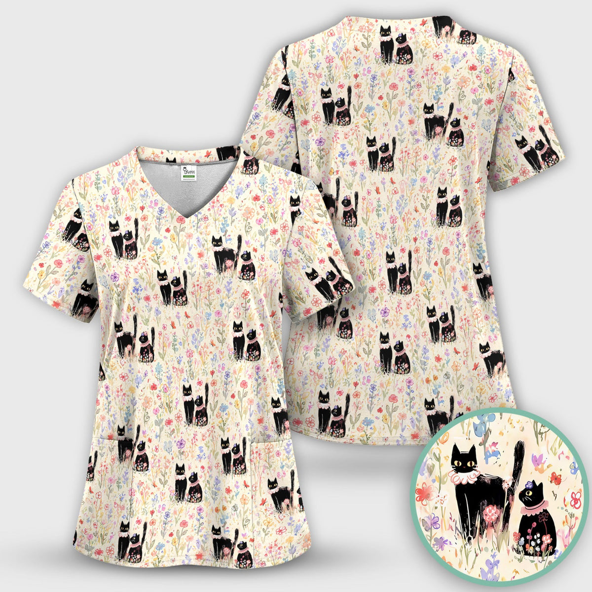 Cute Black Cats Wildflower Garden Nurse Scrub Top