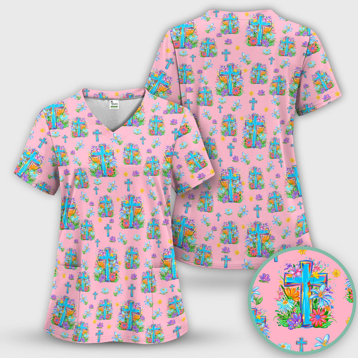 Christian Floral Cross Spring Pattern Scrub Top, Comfortable Scrubs for Nurses