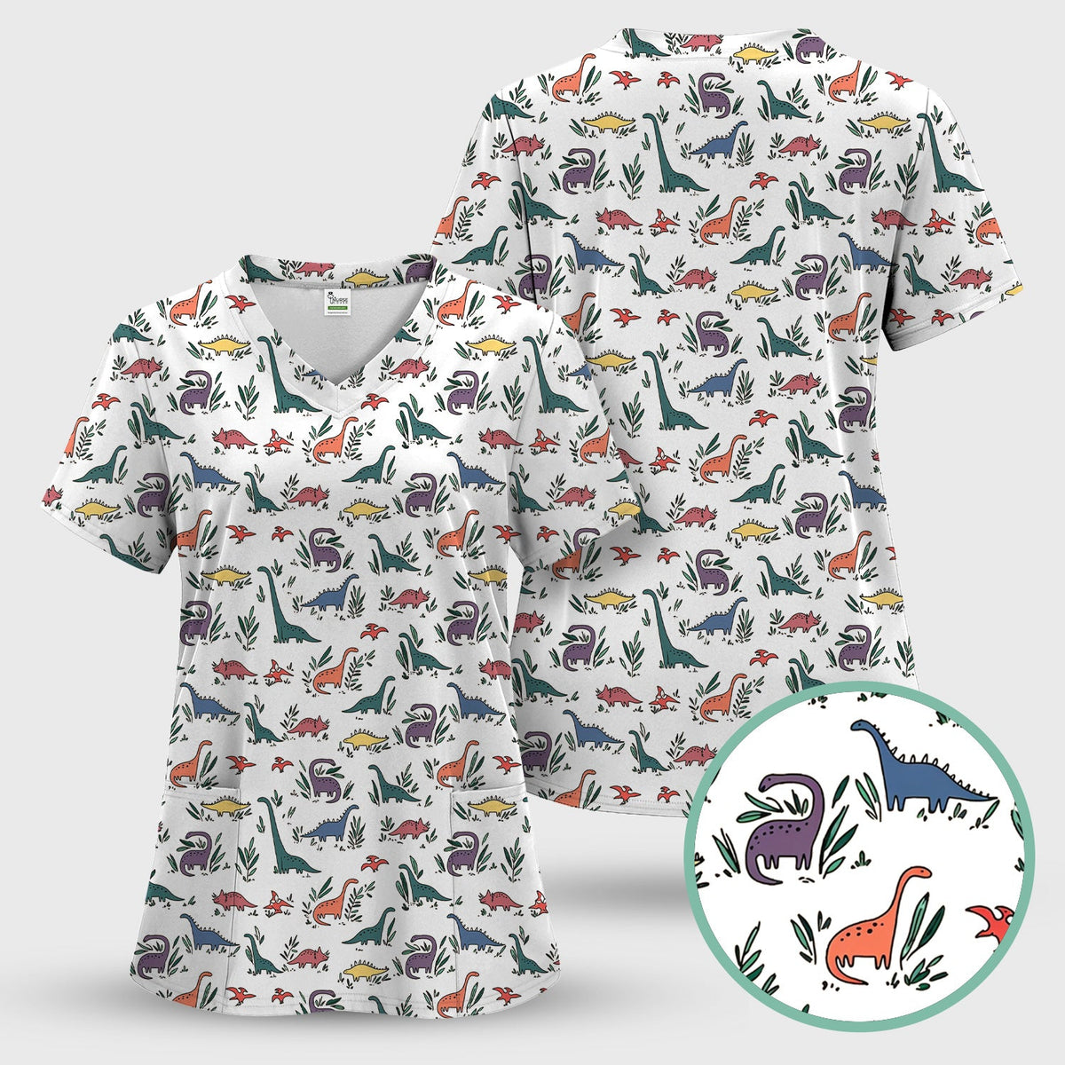 Dinosaur Leafy Garden Nurse Scrub Top