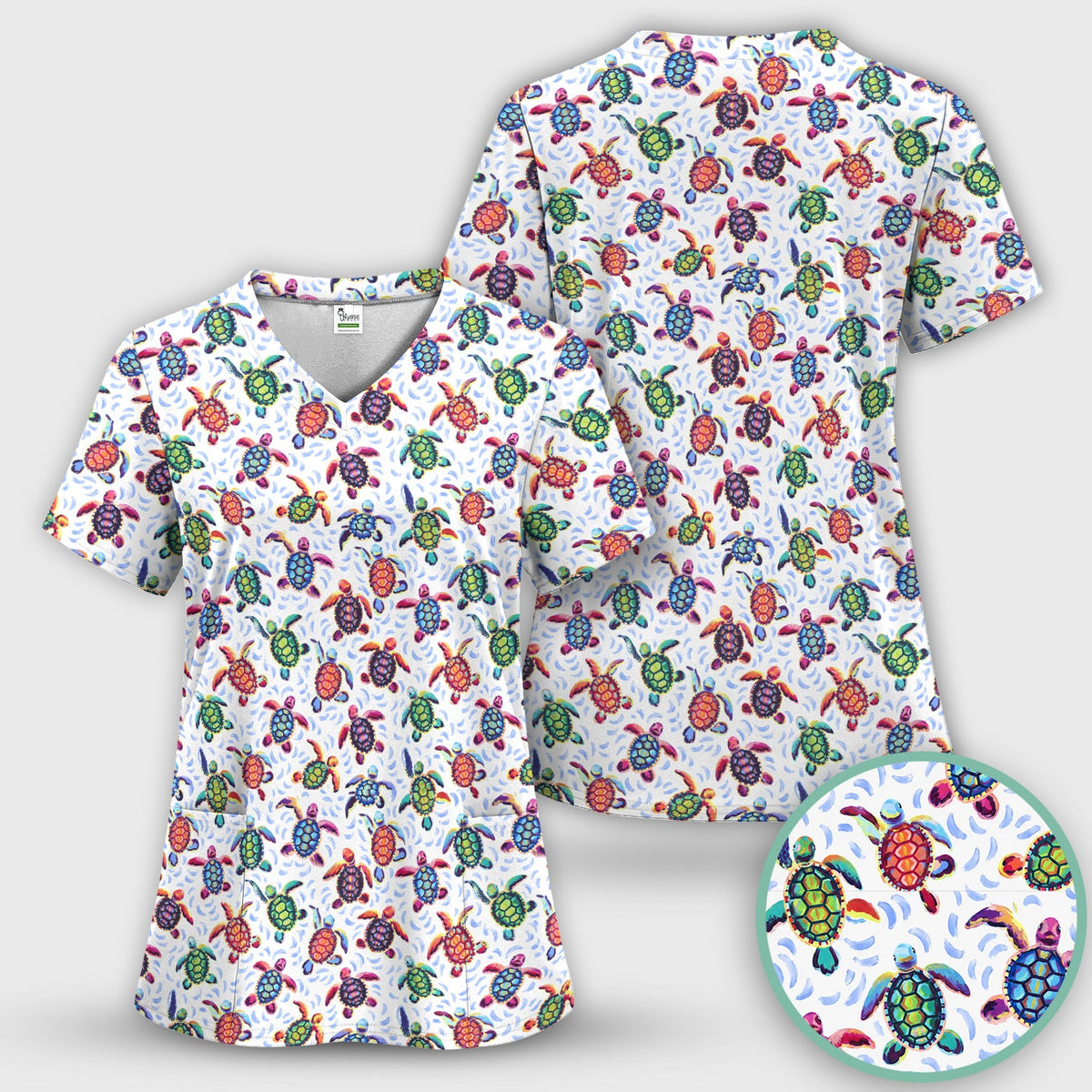Colorful Sea Turtle Wave Nurse Scrub Top