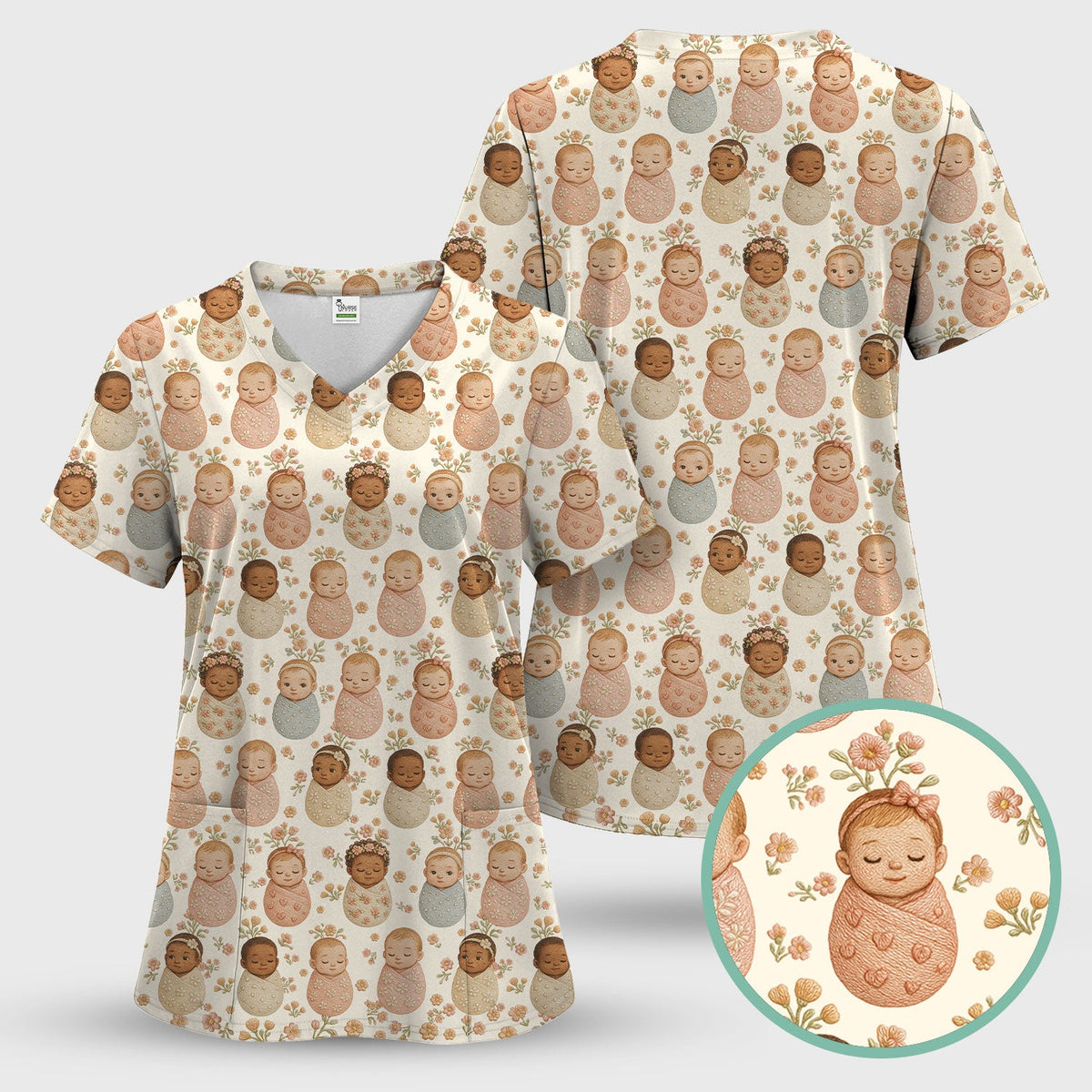 Sweet Newborn Baby Floral Print Women's Scrub Set, Breathable Med Uniform