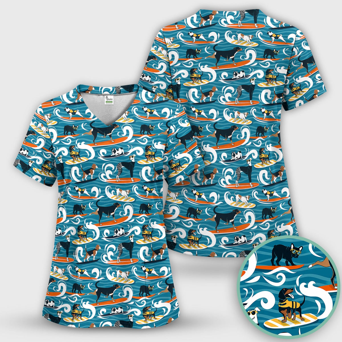 Surfing Dogs Ocean Wave Nurse Scrub Top