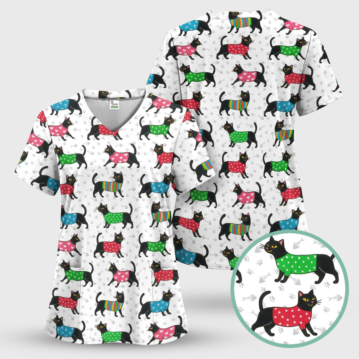 Black Kitty Nurse Scrub Top