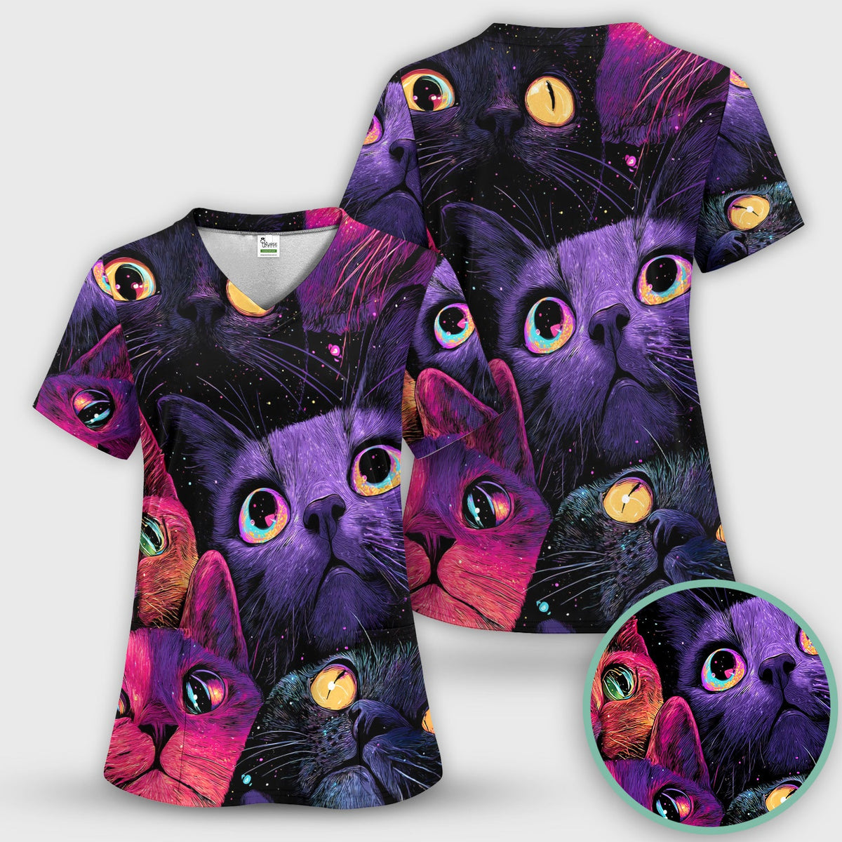 Colorful Neon Cat Faces Nurse Scrub Set