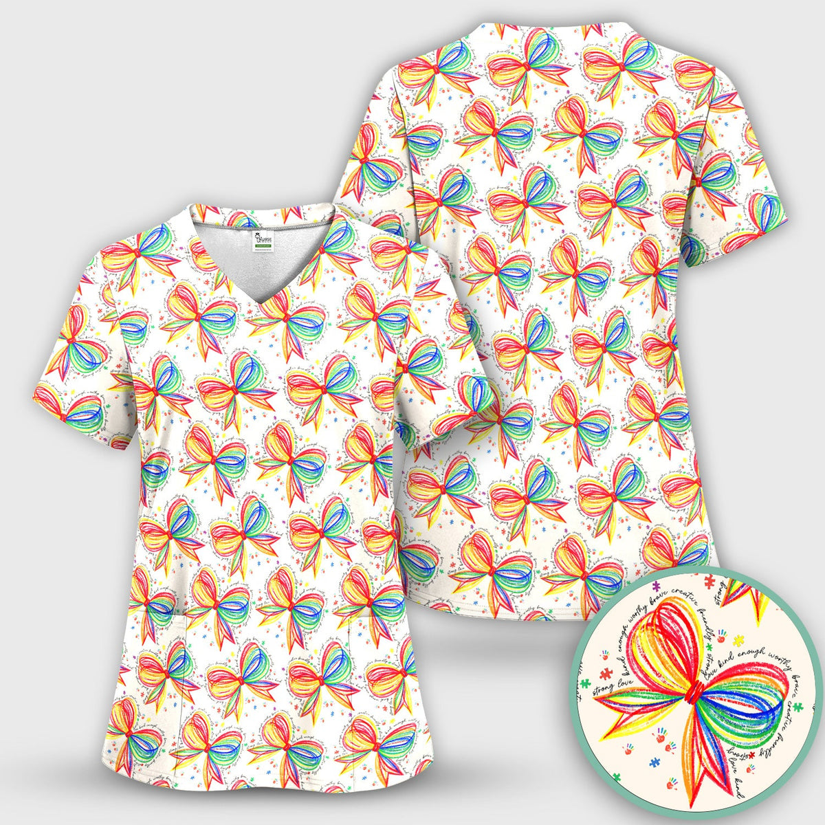 Colorful Rainbow Bow Pattern Scrub Top, Comfortable Scrubs for Nurses