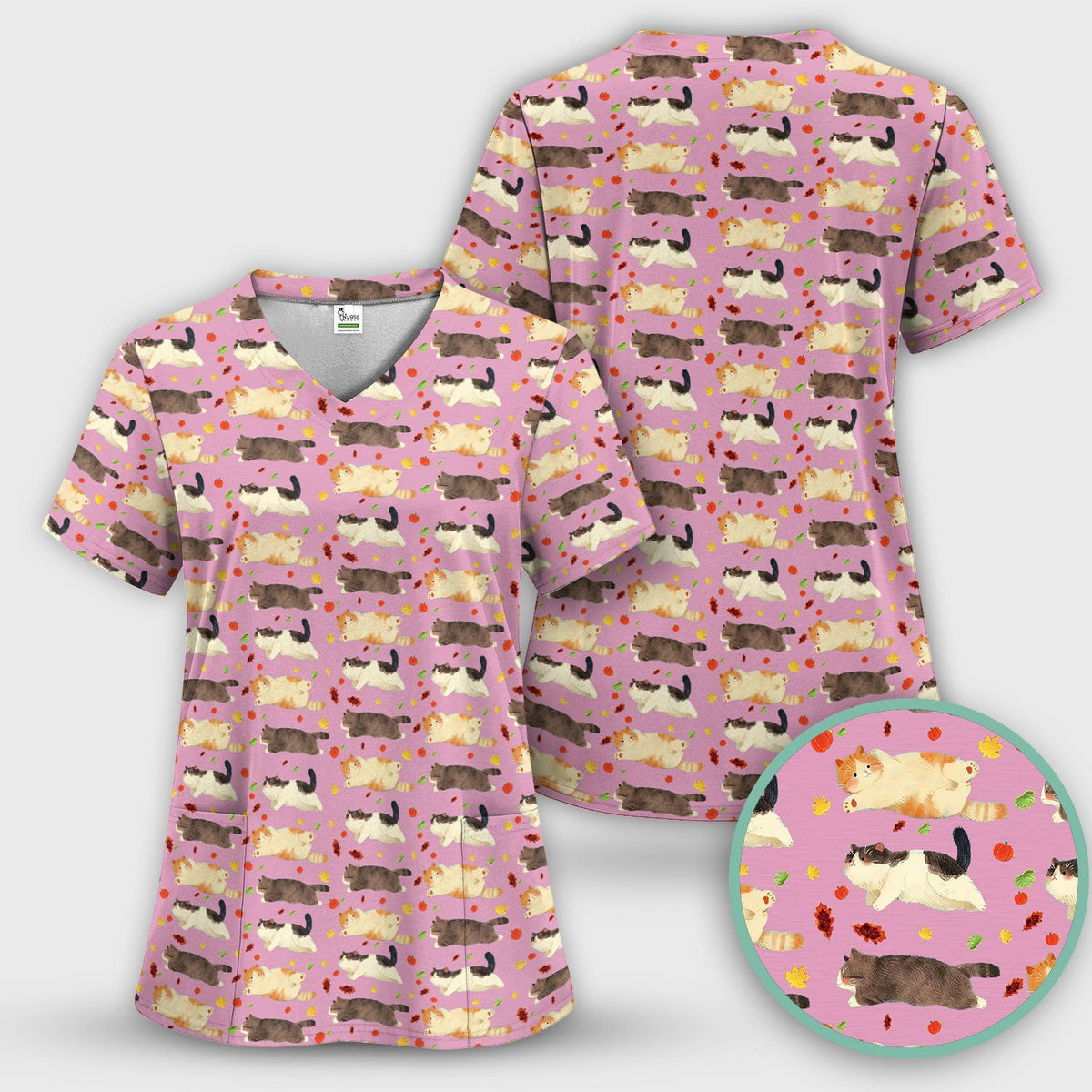 Chubby Cat Autumn Leaves Nurse Scrub Set
