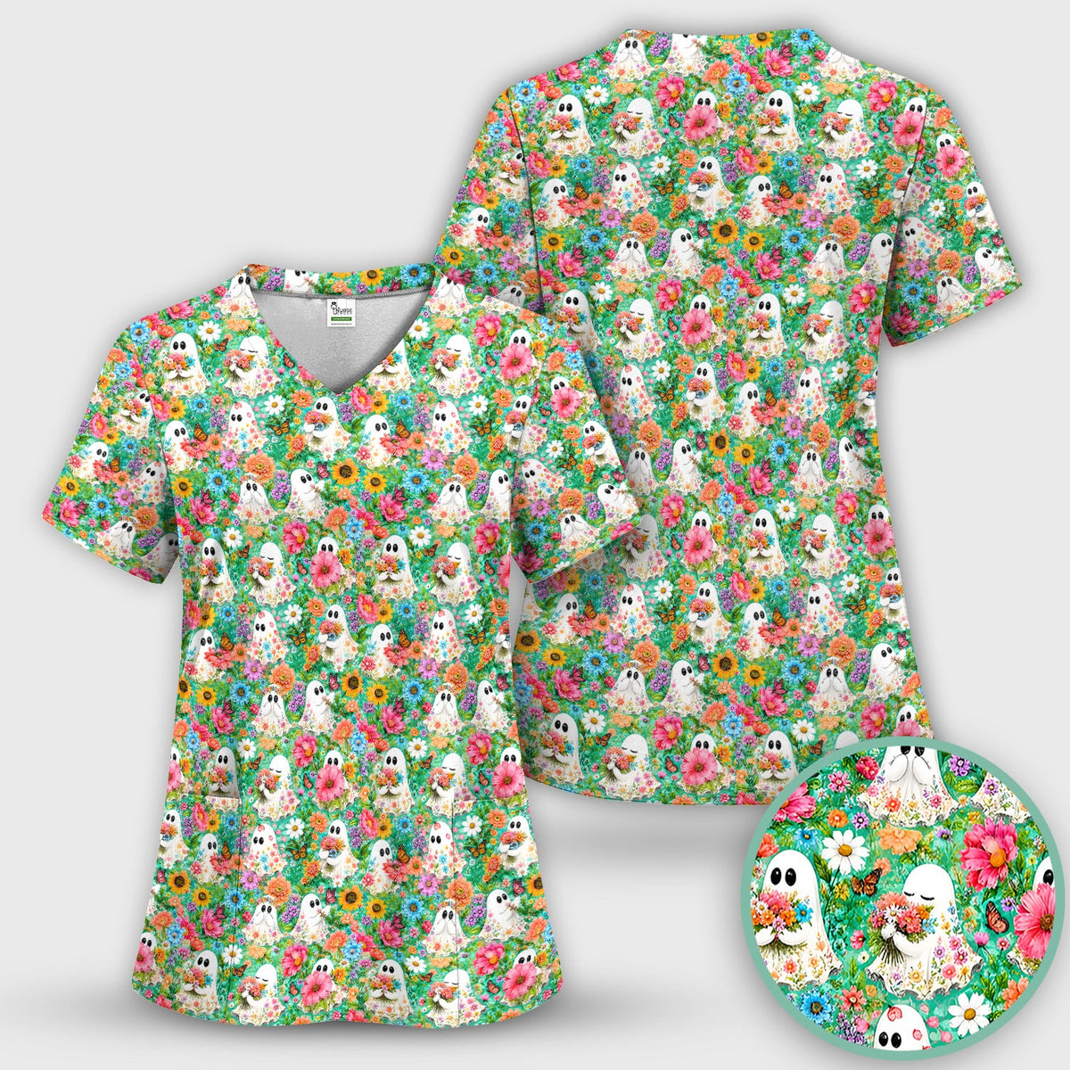 Halloween Floral Ghosts Nurse Scrub Top