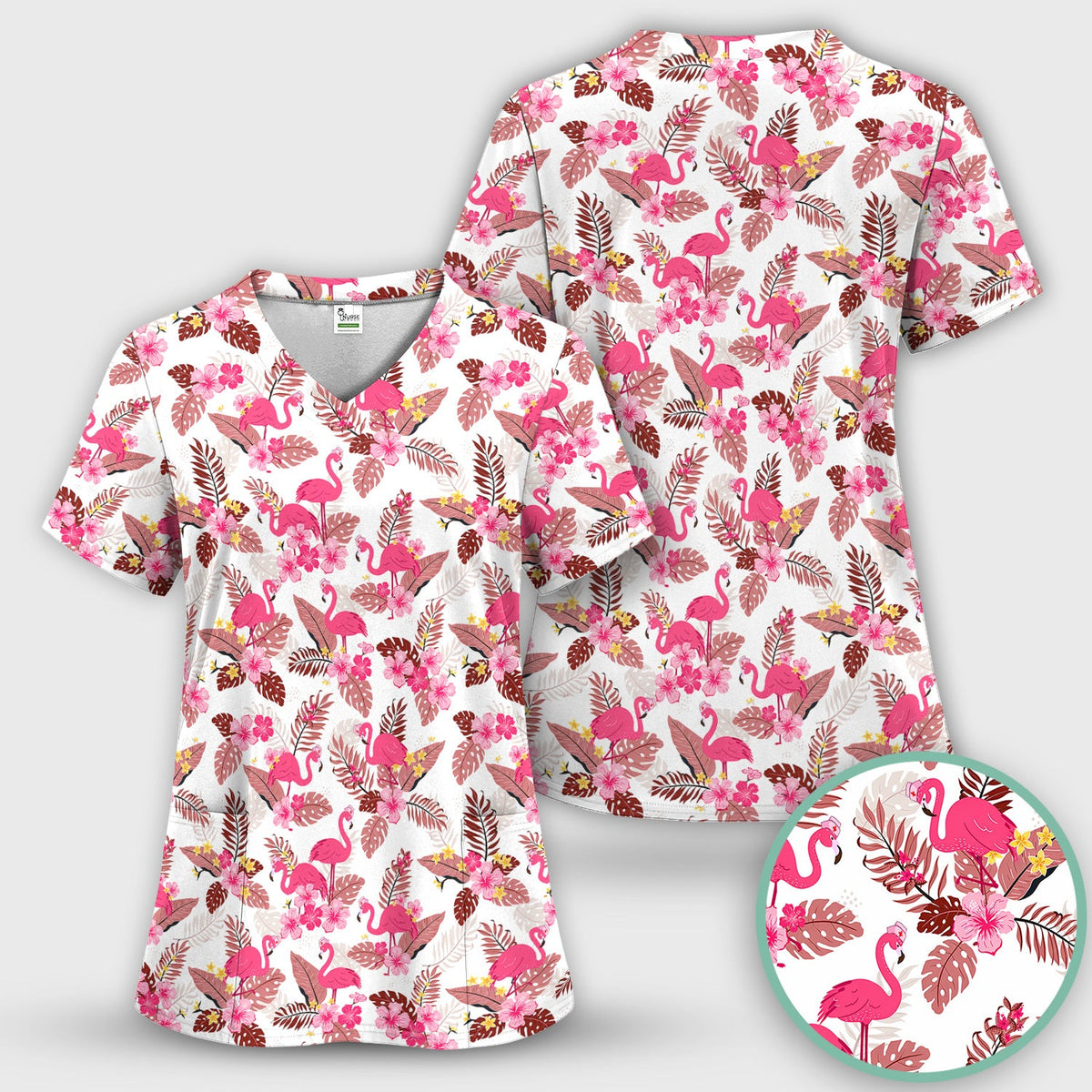 Pink Flamingo Tropical Floral Nurse Scrub Top