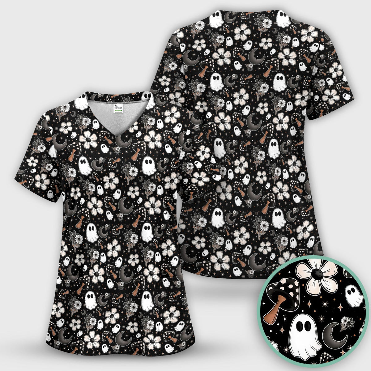 Floral Mushroom Ghost Nurse Scrub Top