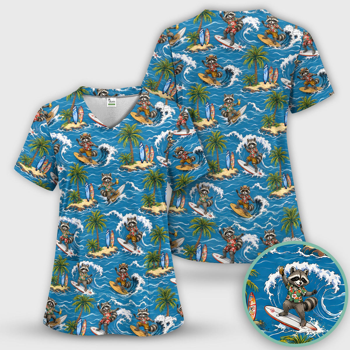 Tropical Surfing Raccoon Island Nurse Scrub Set